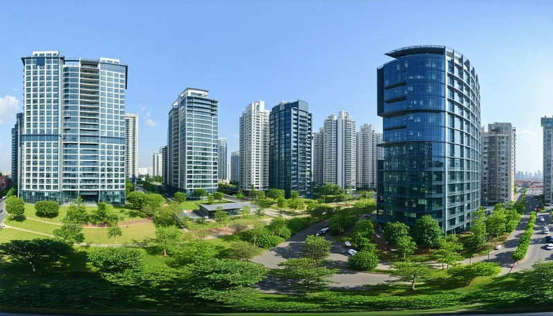Modern cityscape featuring sustainable urban design and green spaces Modern cityscape featuring sustainable urban design and green spaces